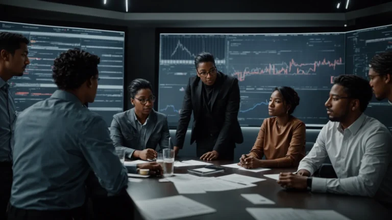 a diverse group of professionals gathers around a large screen displaying graphs and flowcharts, nodding in agreement.